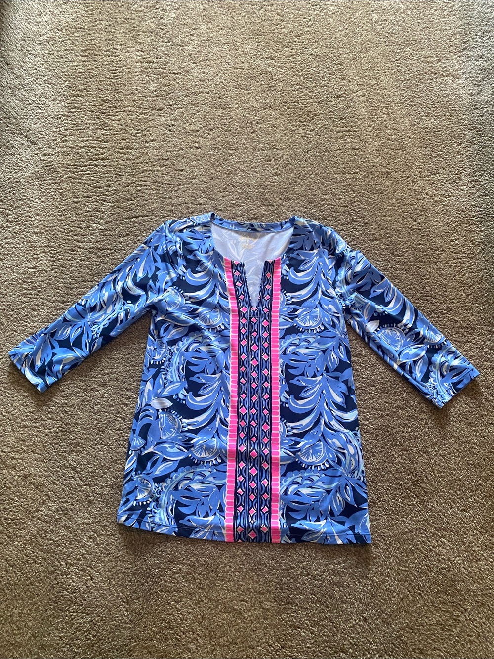 Lilly Pulitzer Blue Floral Tunic with Pink Trim